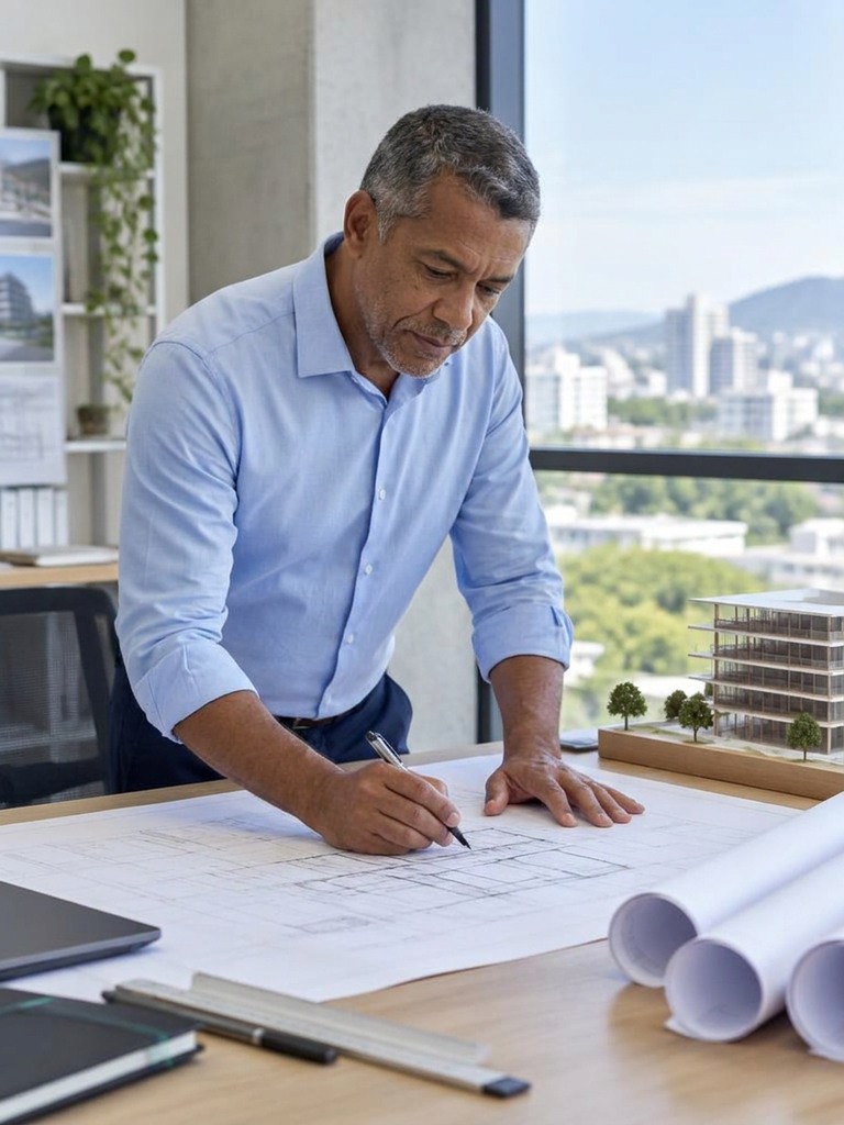 Engenheiro analisa e marca desenhos técnicos sobre uma mesa de projetos