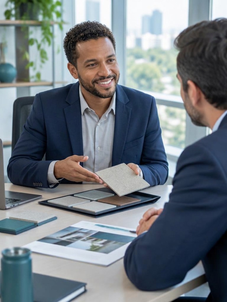 Representante comercial mostra amostras de produtos a um cliente em reunião