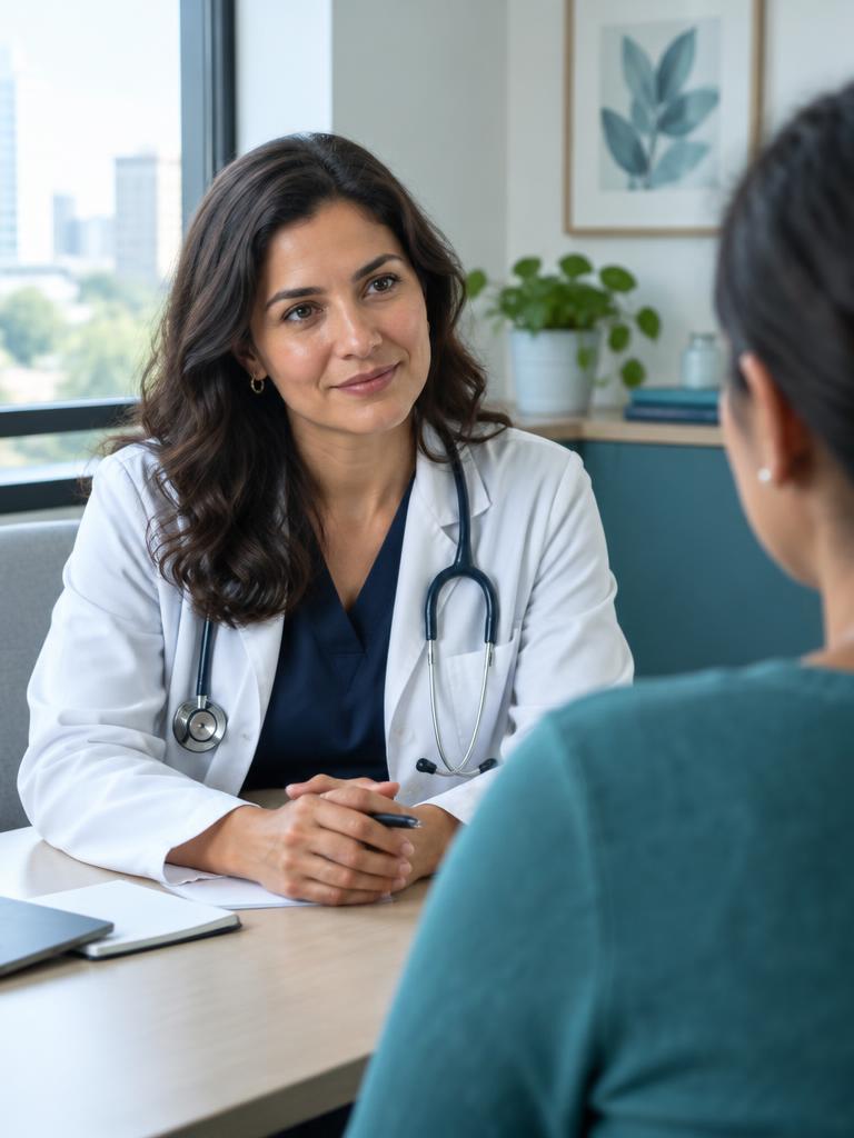 Médica de jaleco conversa com paciente durante consulta