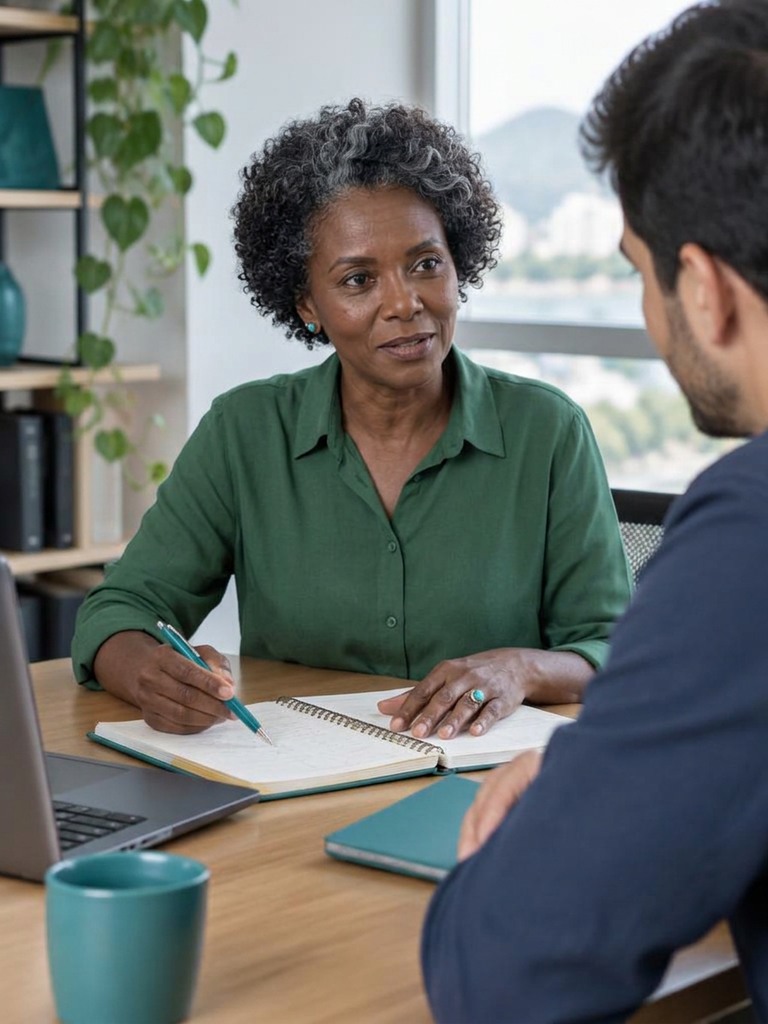 Consultora de serviços anota informações em caderno durante conversa com um cliente