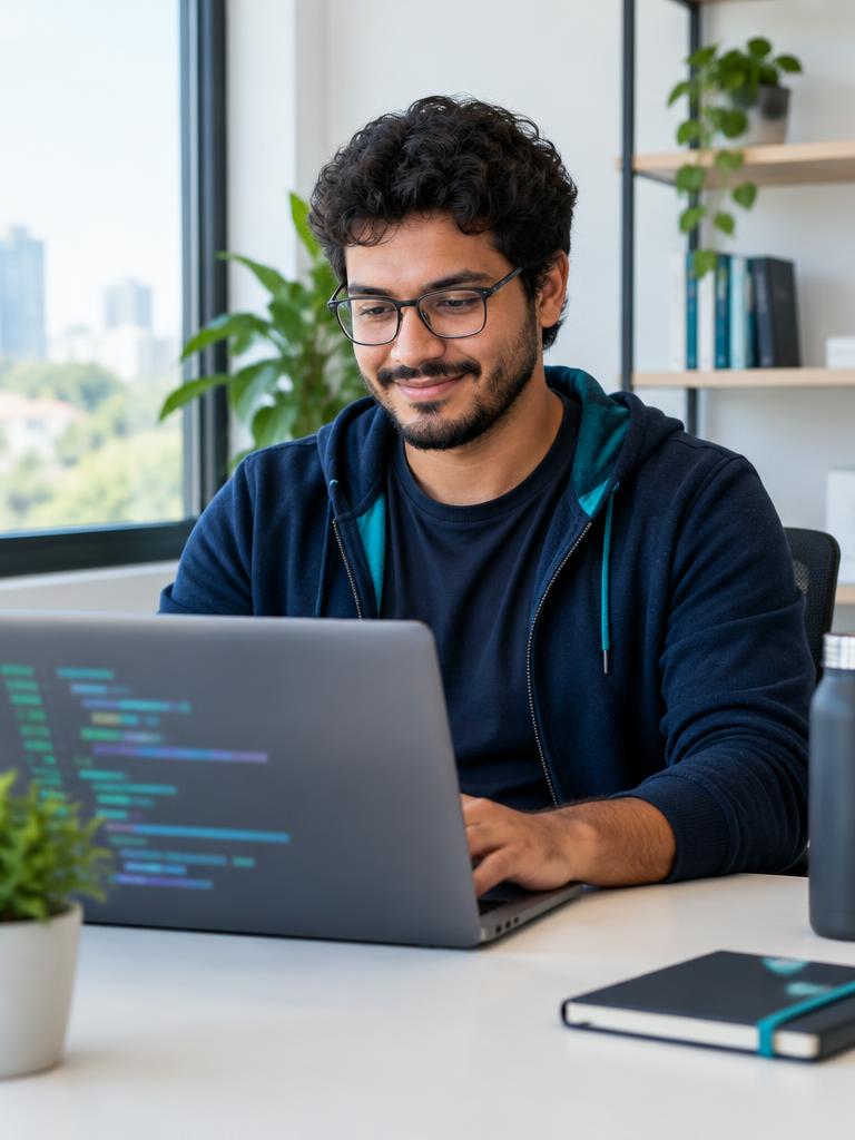 Desenvolvedor de óculos programa em notebook em seu espaço de trabalho