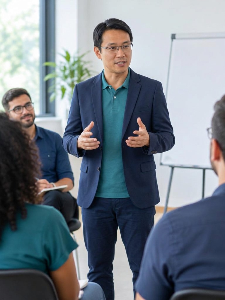 Instrutor de óculos conduz treinamento presencial para um pequeno grupo